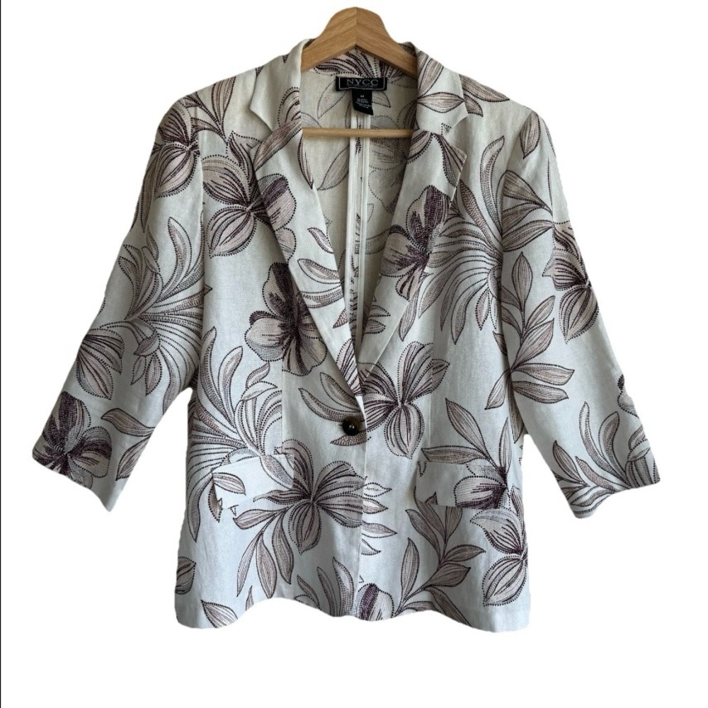 NYCC Women's Linen Blend Blazer Beige Floral Cottagecore, Size Medium